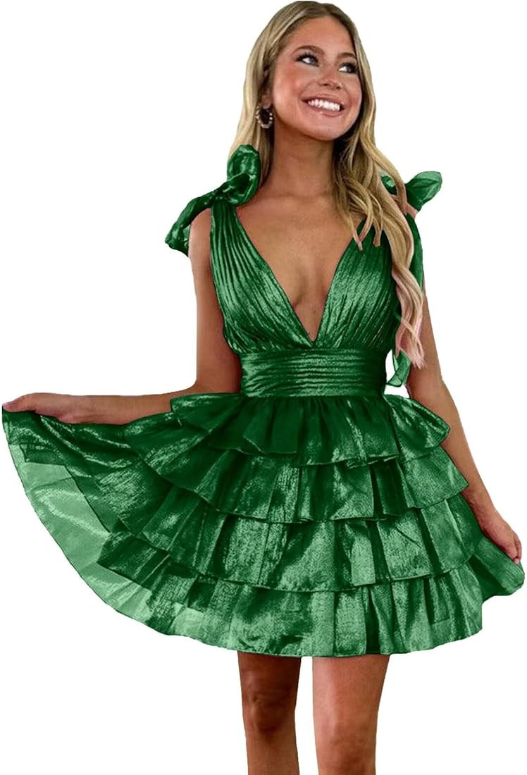 Sparkly Tiered Tulle Homecoming Dresses for Teens 2025 V Neck Prom Short Prom Dress Formal Gown | Amazon (US)