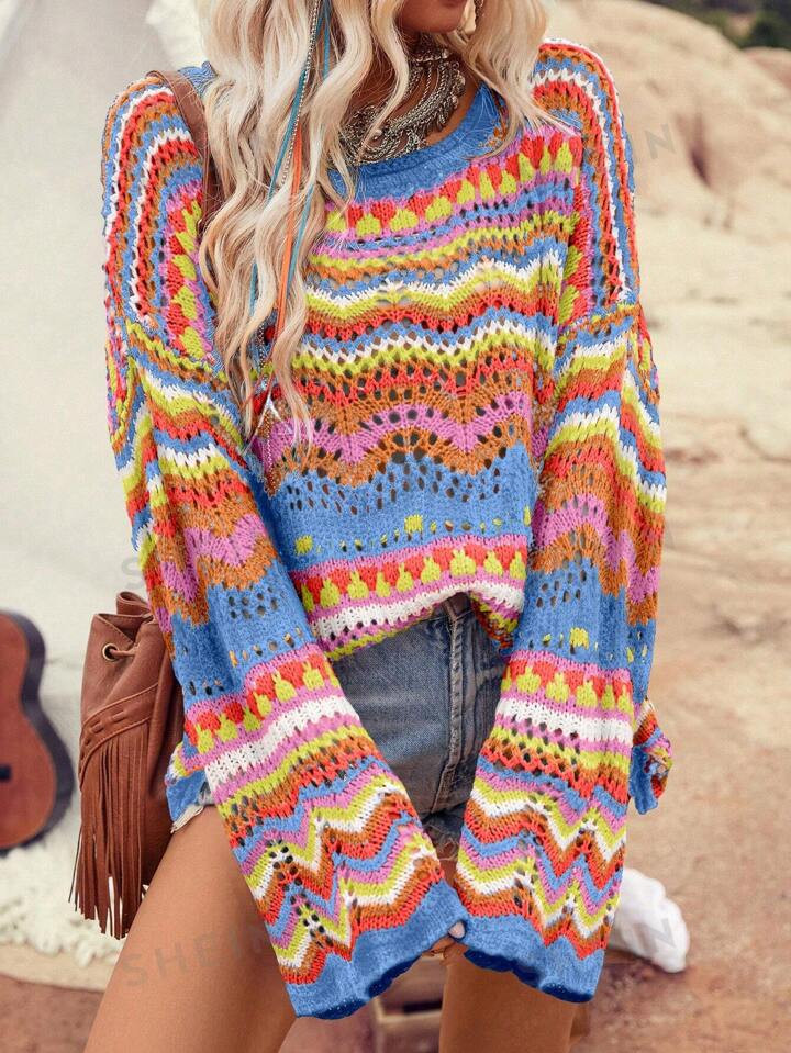 SHEIN VCAY Contrasting Color Hollow Out Knit Loose Pullover Sweater | SHEIN USA | SHEIN