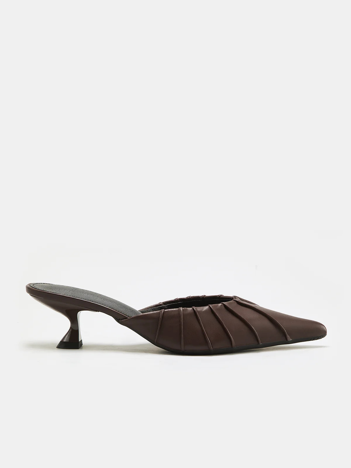 Ruched Vamp Detail Leather Pointed Toe Mules | Commense