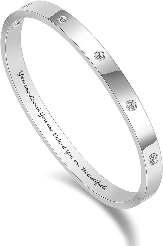 Inspirational Bracelets Gifts Silver Bangle Bracelets For Women Non-Tarnish Stainless Steel Non-T... | Amazon (US)