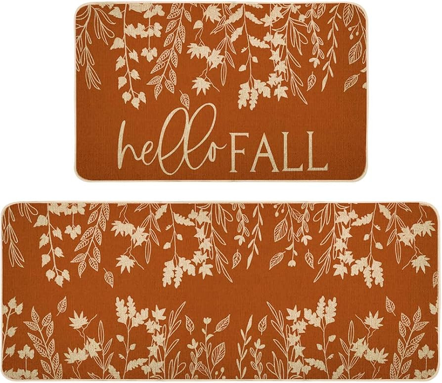 Hello Fall Kitchen Rug Set of 2, Non-Slip Absorbent Door Mats, Seasonal Autumn Maple Leaves Plant... | Amazon (US)