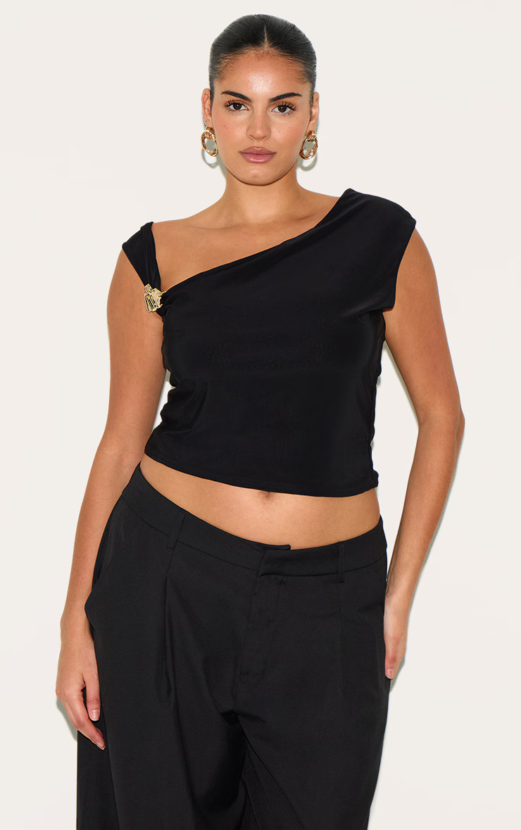 Plus Black Double Layer Slinky Trim Detail Asymmetric Top | PrettyLittleThing US