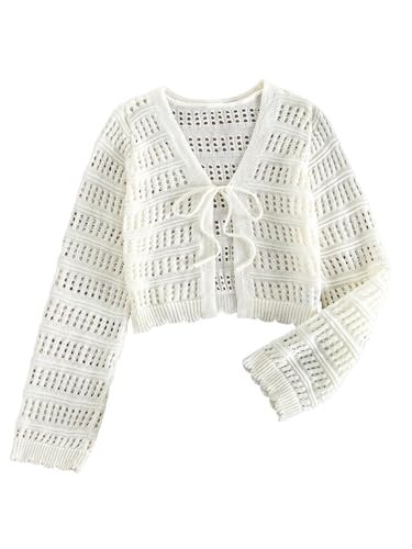SHENHE Women's Tie Front Hollow Out Cover Up Summer Boho Knit Cardigan Crop Tops Beige Medium | Amazon (US)