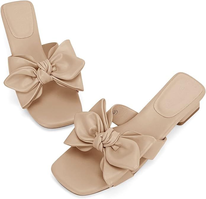 Womens Bow Dressy Low Heel Sandals Slides Summer Chunky Block Heeled Open Toe Mules Slip on Slipp... | Amazon (US)