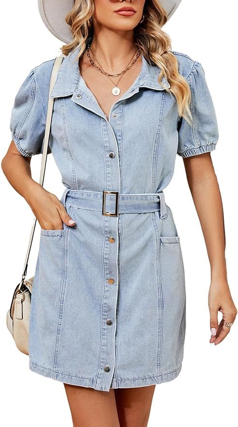 loveimgs Womens Summer Casual Denim Mini Dress Puff Short Sleeve Button Down Belted Jean Dresses ... | Amazon (US)