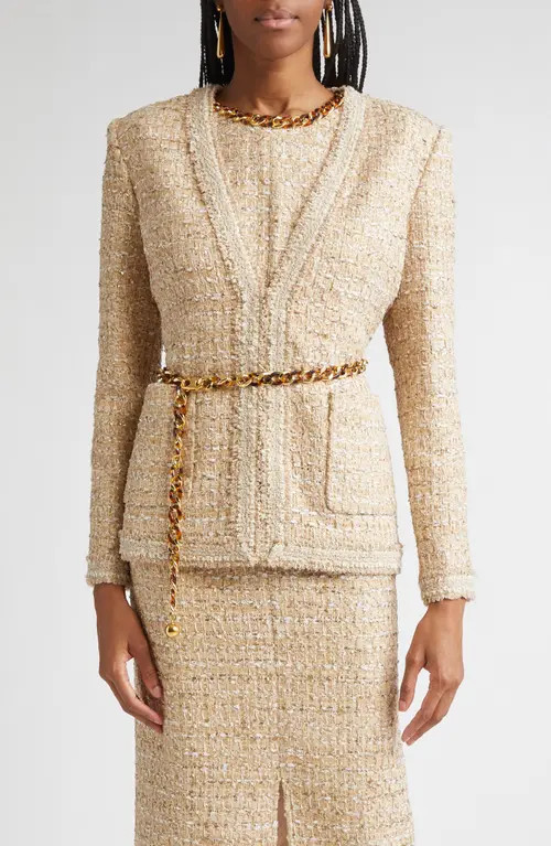 ST. JOHN Tweed Jacket with Chain Belt in Flax Willow/Ivory Multi at Nordstrom, Size 2 | Nordstrom