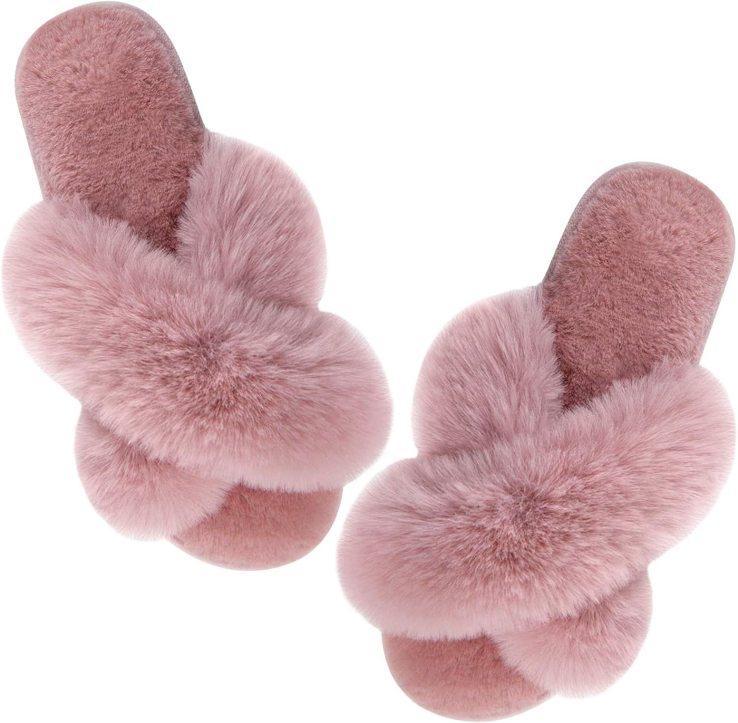 Women's Cross Band Slippers Soft Plush Furry Cozy Open Toe House Shoes Indoor Outdoor Faux Rabbit... | Amazon (US)