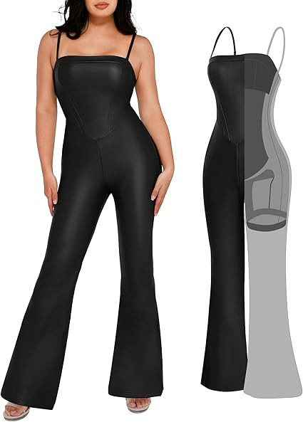 Popilush Shapewear Faux Leather Corset Bodice Slimming Jumpsuit Wide Leg Jumpsuits for Women Dres... | Amazon (US)