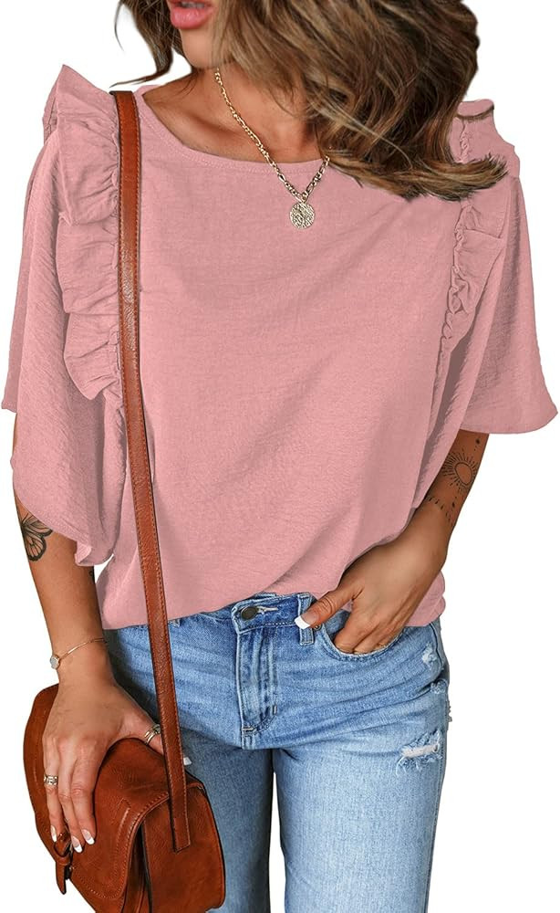 luvamia Women Casual Tops Ruffle Bell Sleeve Crewneck Loose Summer Blouse Shirts | Amazon (US)