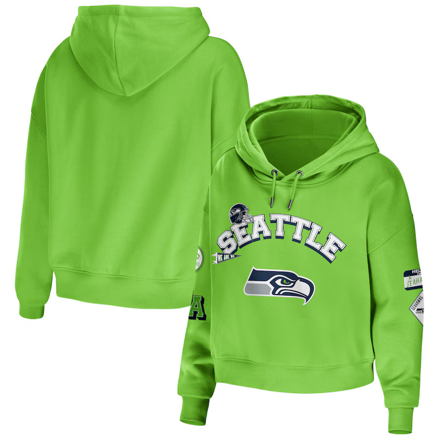 Seattle Seahawks WEAR by Erin Andrews Women's Modest Cropped Pullover Hoodie - Neon Green | Fanatics