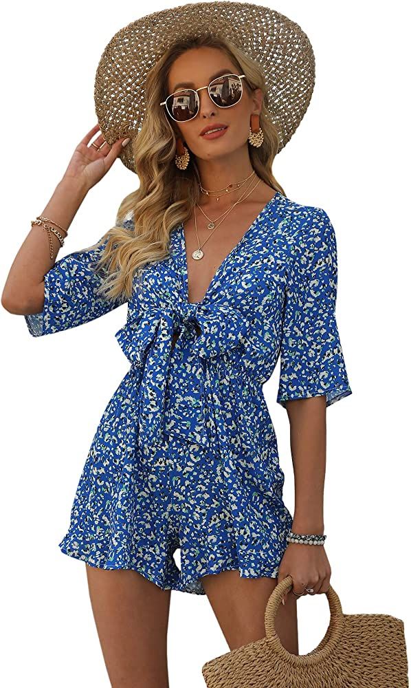 Bonkwa Women's Casual Floral Print Elastic Waist Romper Deep V Neck Half Sleeves Short Romper for... | Amazon (US)