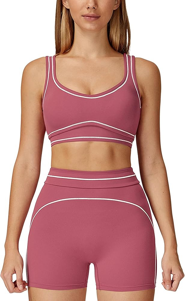ABOCIW Womens Workout Sets Color Block Sports Bra Matching High Waist Shorts 2 Piece Gym Yoga Pil... | Amazon (US)