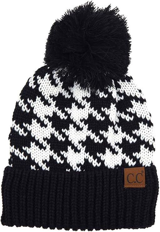 ScarvesMe Exclusive Houndstooth Soft Knit Winter Warm Beanie Hat with Faux Fur Pom | Amazon (US)