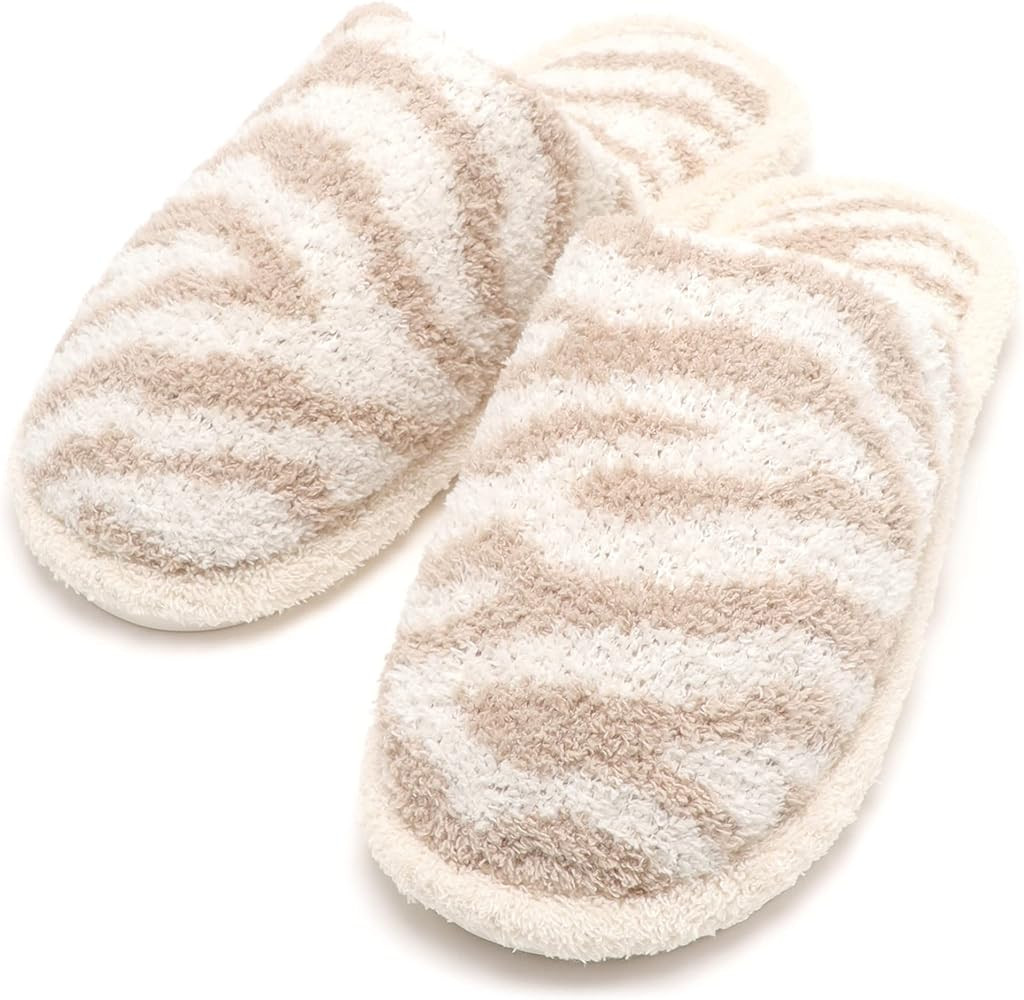 MIRMARU Women’s Animal Print Comfort Fluffy Fuzzy Slip-on House Slippers Open Toe Cross Band Indoor  | Amazon (US)