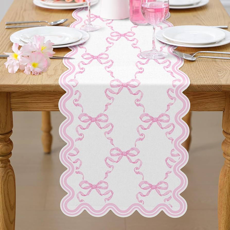 Pink Bow Table Runner 72 Inches Cute Bow Heart Fabric Scalloped Table Runner Coquette Dining Deco... | Amazon (US)