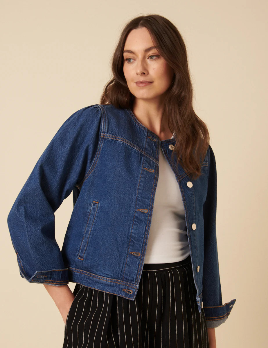 Dark Blue Denim Collarless Jacket | Nobody's Child