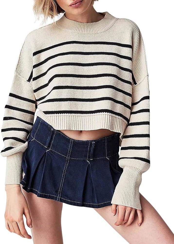 Women's Striped Sweater Long Sleeve Crewneck Free Dupes Street Crop Pullover FP Sweater Fall Over... | Amazon (US)