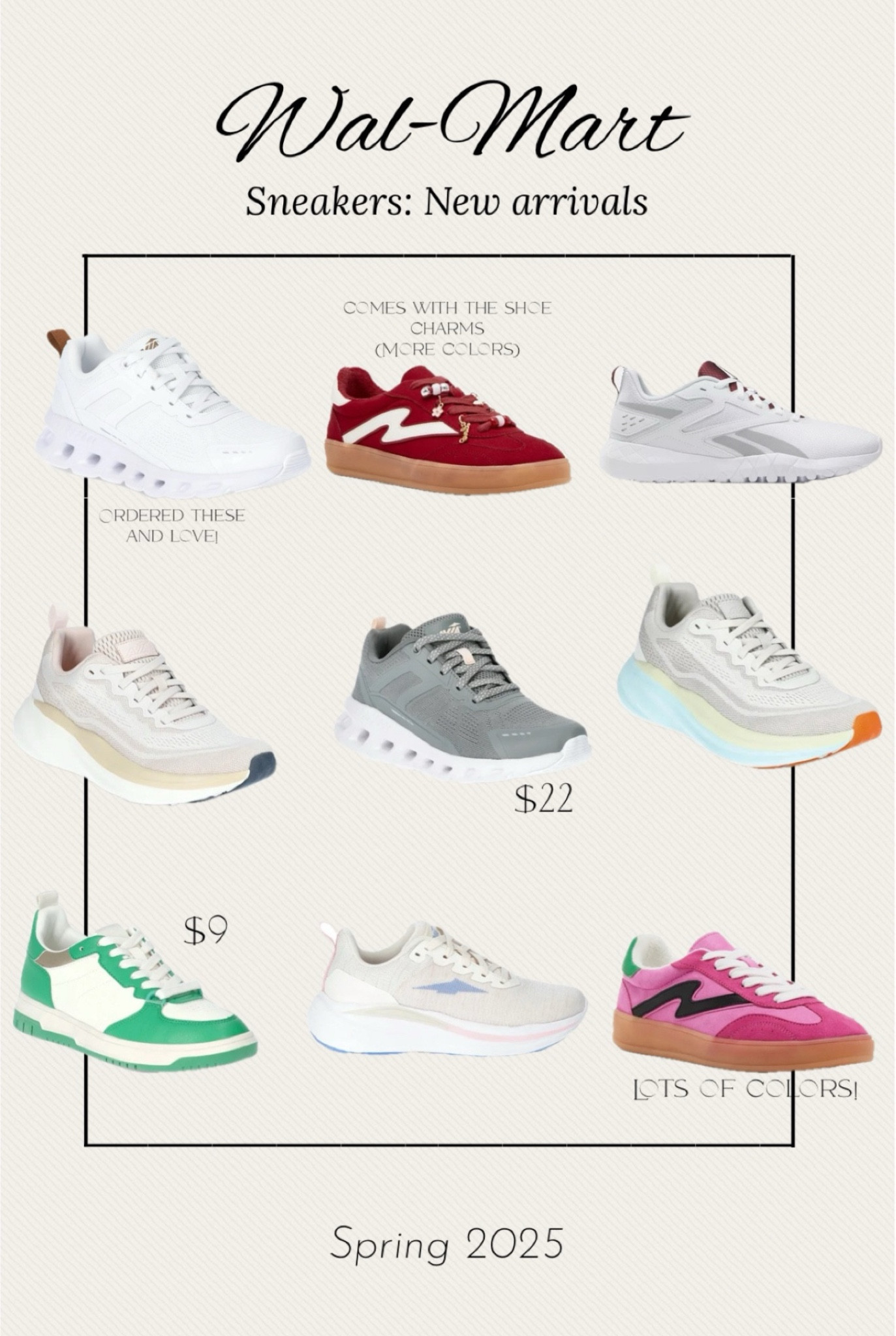 Wal-mart spring sneaker new arrivals! OBSESSED!!! I have the top left (sized up 1/2 size) — the middle grey pair Ali’s the same as the white I have, just another colorway

#LTKFindsUnder50 #LTKSaleAlert #LTKShoeCrush