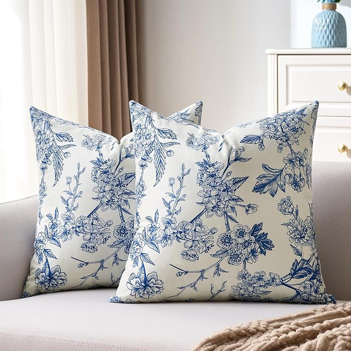 Floral Pillow Covers 20x20 Inch Blue Decorative Vintage Spring Autumn Velvet Flower Pillowcase Bo... | Amazon (US)