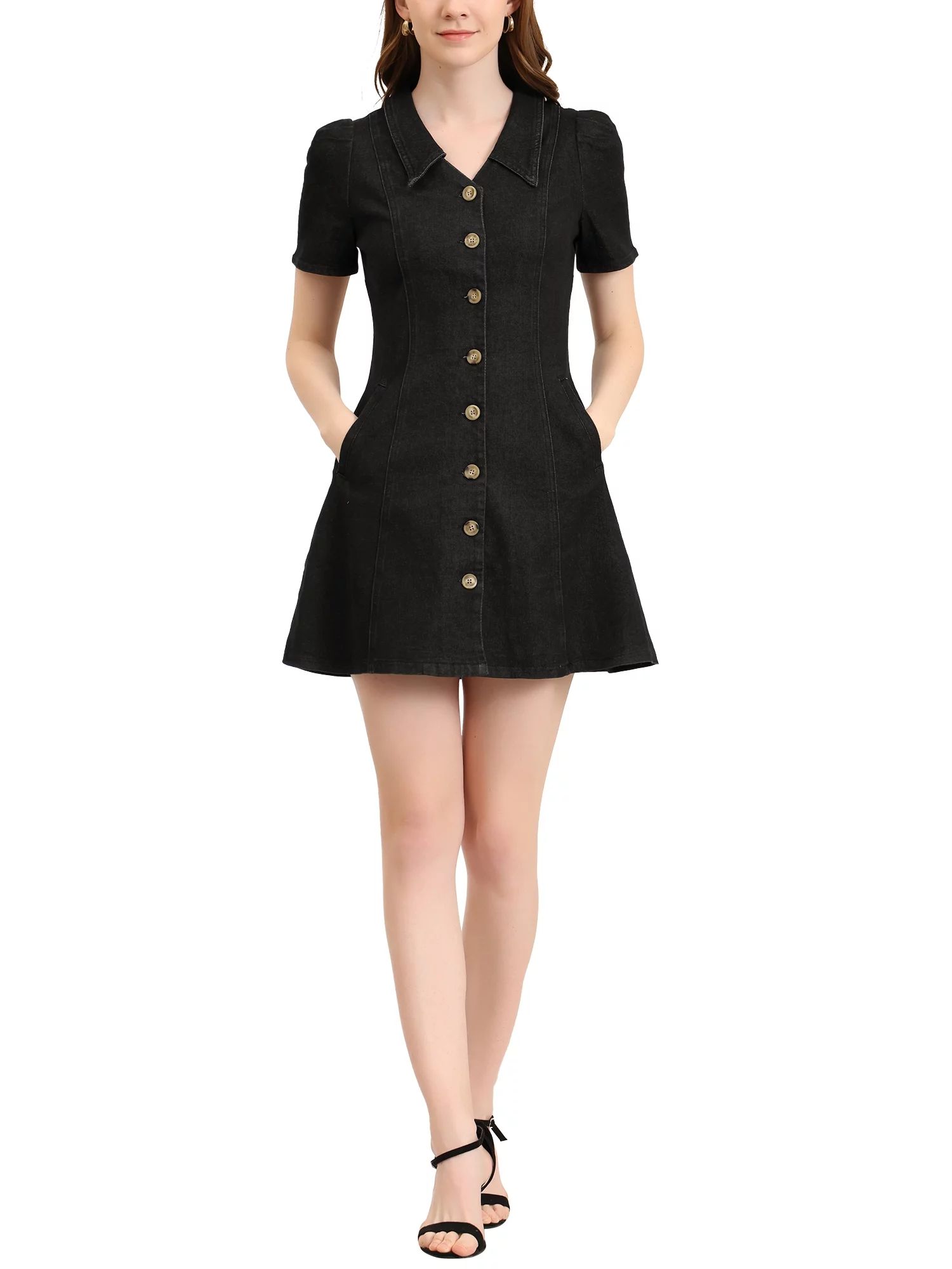 Allegra K Women's Solid Color Turn Down Collar Fit & Flare Denim Dress | Walmart (US)