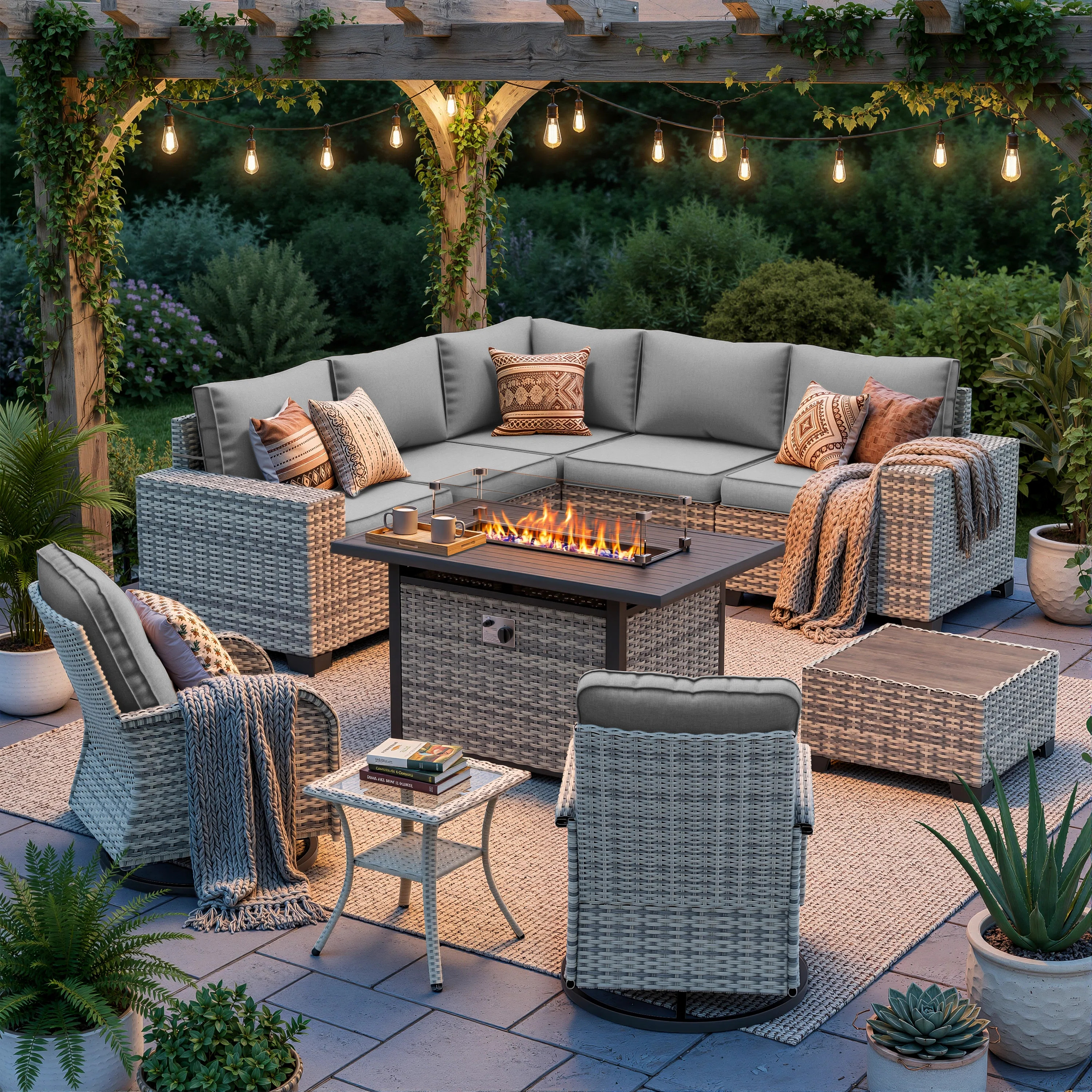 10-Piece Outdoor Patio Sectional Conversation Set With Fire Pit Table And Swivel Rocker Chairs | Wayfair North America