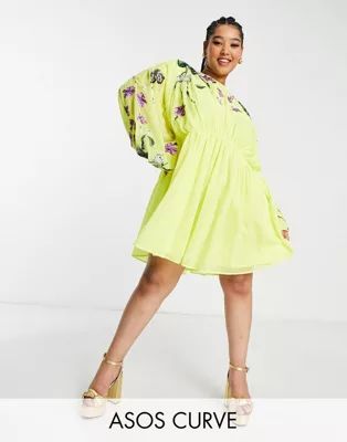 ASOS EDITION Curve blouson sleeve mini dress with embroidered bodice in yellow | ASOS | ASOS (Global)