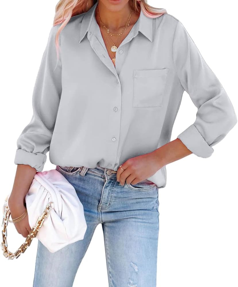 Pausus Satin Button Down Shirts for Women Long Sleeve Office Slim Fit Blouses Casual Business Sil... | Amazon (US)