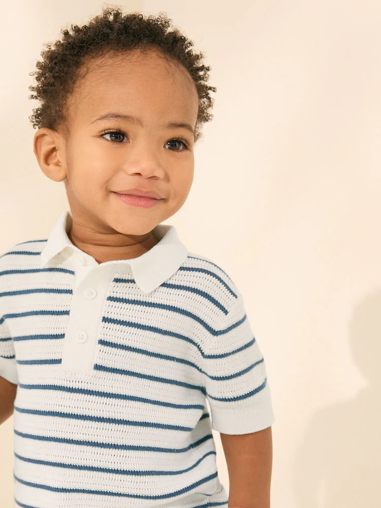 Navy Blue/White Button Neck Knitted 100% Cotton Polo Shirt (3mths-7yrs) | Next US