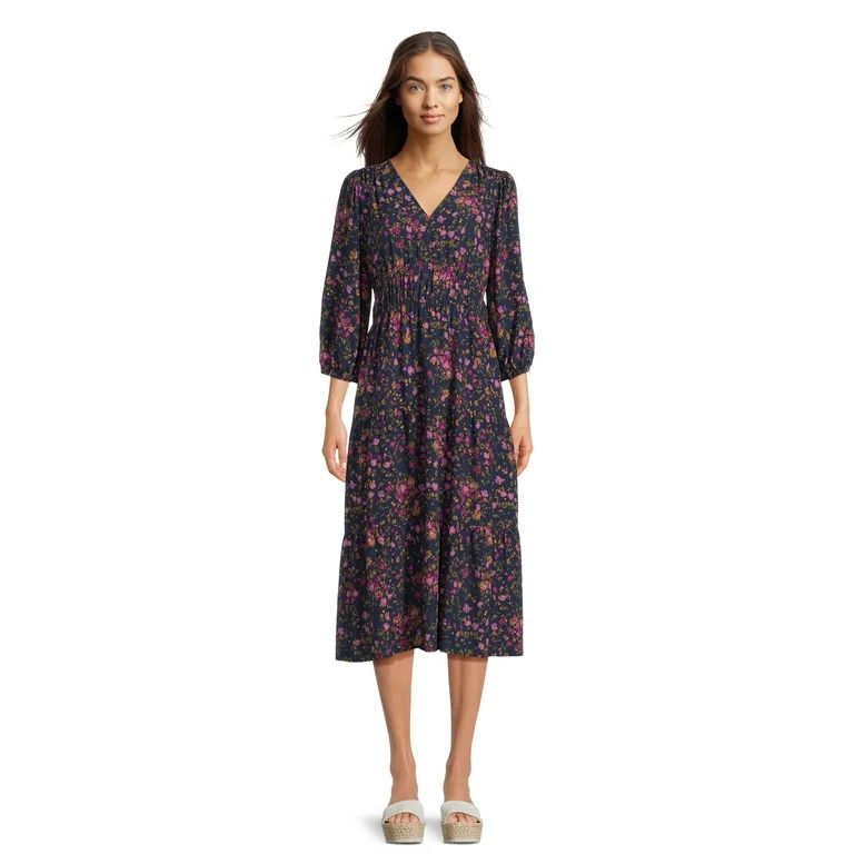 Time and Tru Women’s 3/4 Sleeve Midi Dress, Sizes XS-XXXL - Walmart.com | Walmart (US)
