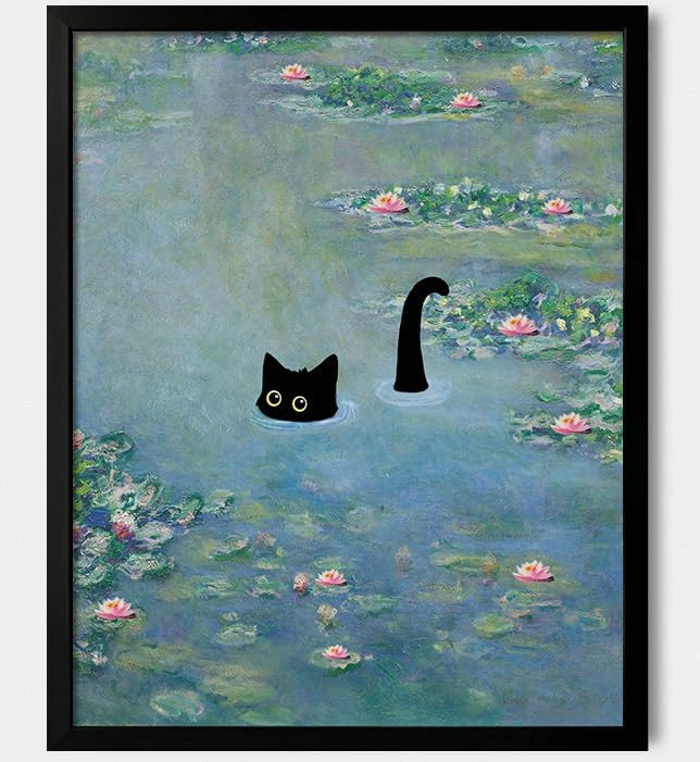 Hamduker Cat Wall Art Monet Prints Vintage Canvas Wall Art Funny Cat in Water Lilies Posters for ... | Amazon (US)