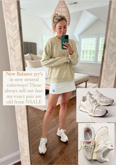 New Balance 327’s in new colorways! These always sell out fast. My exact pair are from last years Nordstrom Sale 

-sneakers fit tts 
-small pullover 
-XS tennis skort, could also do small 

athleisure, tennis, sneakers 

#LTKStyleTip #LTKShoeCrush #LTKFitness