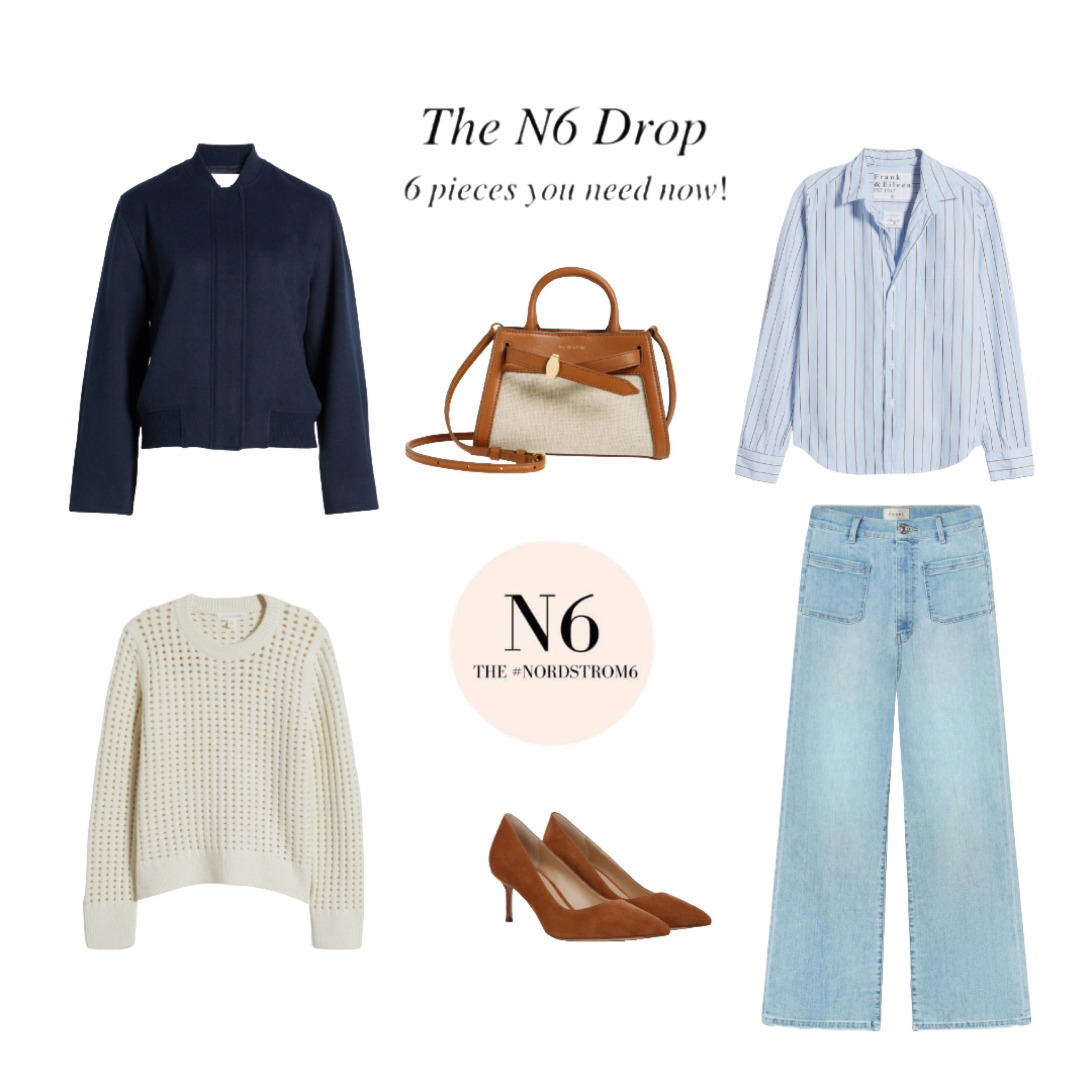 The January N6 Drop! 

✨Wide-Leg Jeans - lots of stretch, if between sizes and want a tighter fit, size down. 
✨Stripe Button-up- runs tts. I'm wearing an Xs.
✨Ecru Sweater- roomy tts. I'm wearing an Xs.
✨Soft Wool Bomber Jacket- runs big. I'm wearing an Xs (I like it roomy) I will have the sleeves hemmed or roll them.
✨Suede Pump- comfortable! Runs tts. I’m wearing my regular size, 6 and will put a pad in the ball of the foot. I always have to do this when I wear pumps.😊 
✨Mini Top Handle bag-love this bag.  I have the regular size. The mini will hold a cell phone, small cars case and glasses.



#LTKStyleTip #LTKOver40 #LTKSeasonal