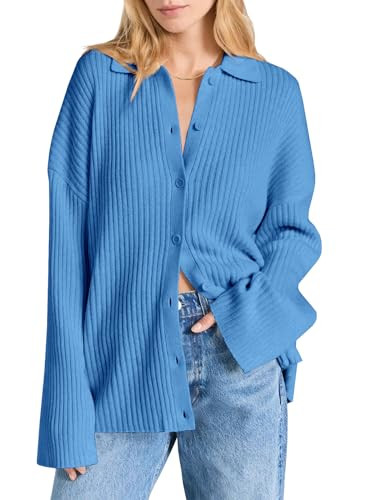 Danedvi Womens Collared Cardigan Sweaters Oversized Ribbed Knit Open Front Button Up Bell Sleeve ... | Amazon (US)
