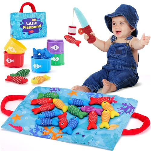 hahaland Toddler Toys Montessori Toys for 1 Year Old Boy Girl Birthday Gift, 10 in 1 Cloth Fishing Game with Stacking Cups- Number Counting, Color Sorting, Shape Learning Easter Gifts Toddler Boy | Amazon (US)