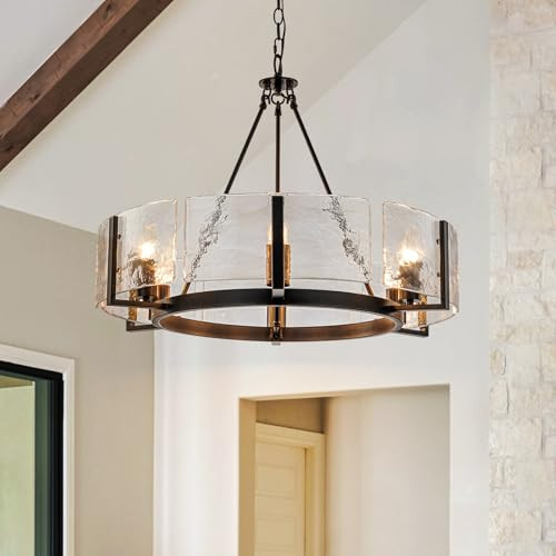 HUOKU Black Glass Chandelier for Dining Room, 27.6" Large Modern Dining Room Light Fixture Farmhouse Glass Drum Chandelier for High Ceiling,Foyer,Living Room,Entryway | Amazon (US)