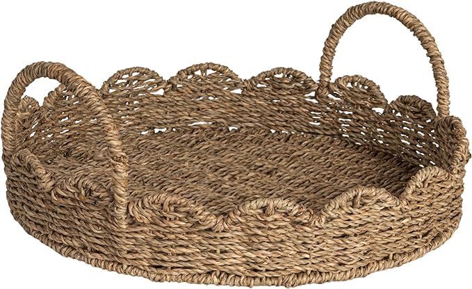 Household Essentials Round Handwoven Seagrass Tray with Scalloped Edge and Handles, Natural | Amazon (US)