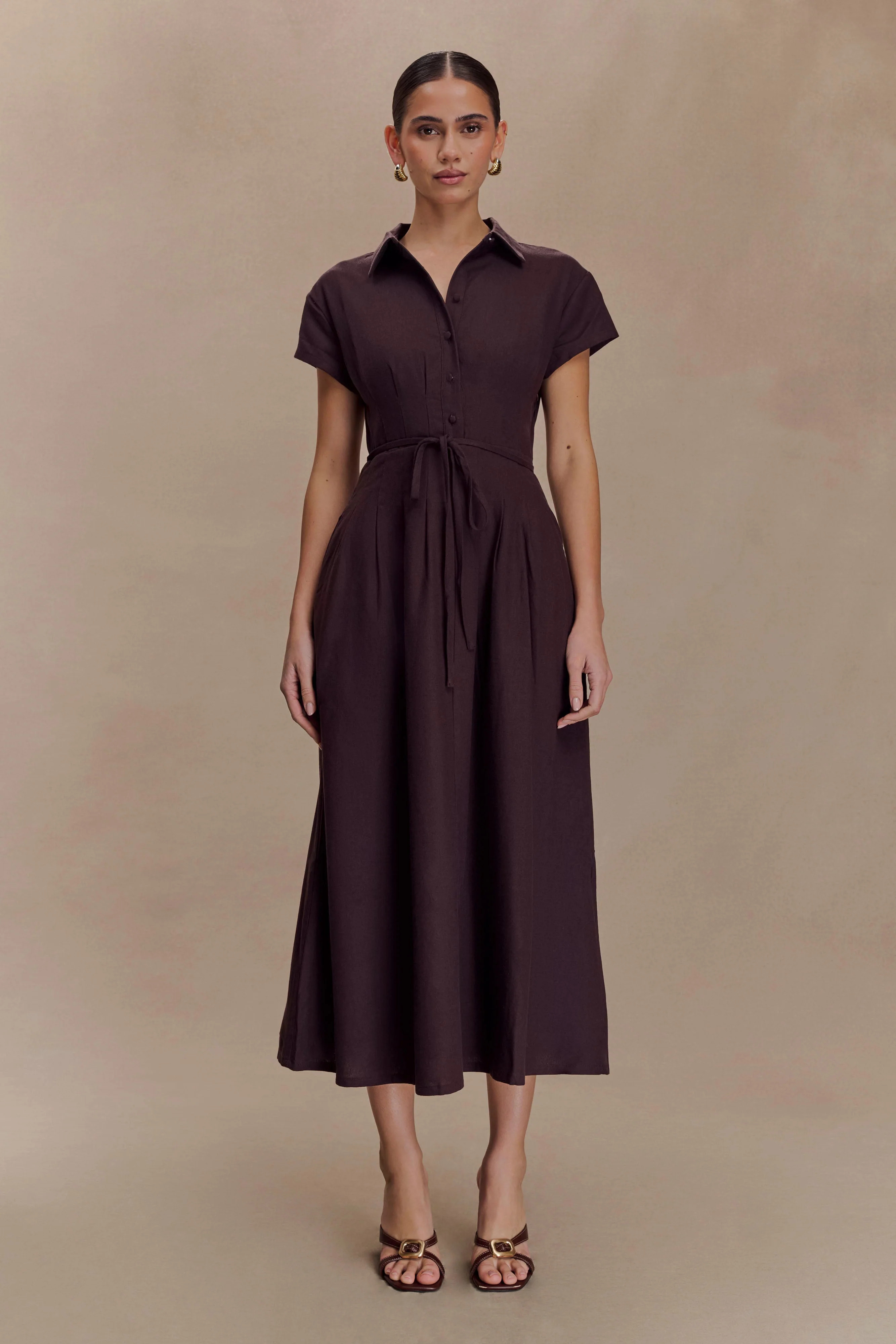 Aysha Buttoned Linen Midi Dress - Chocolate | MESHKI US