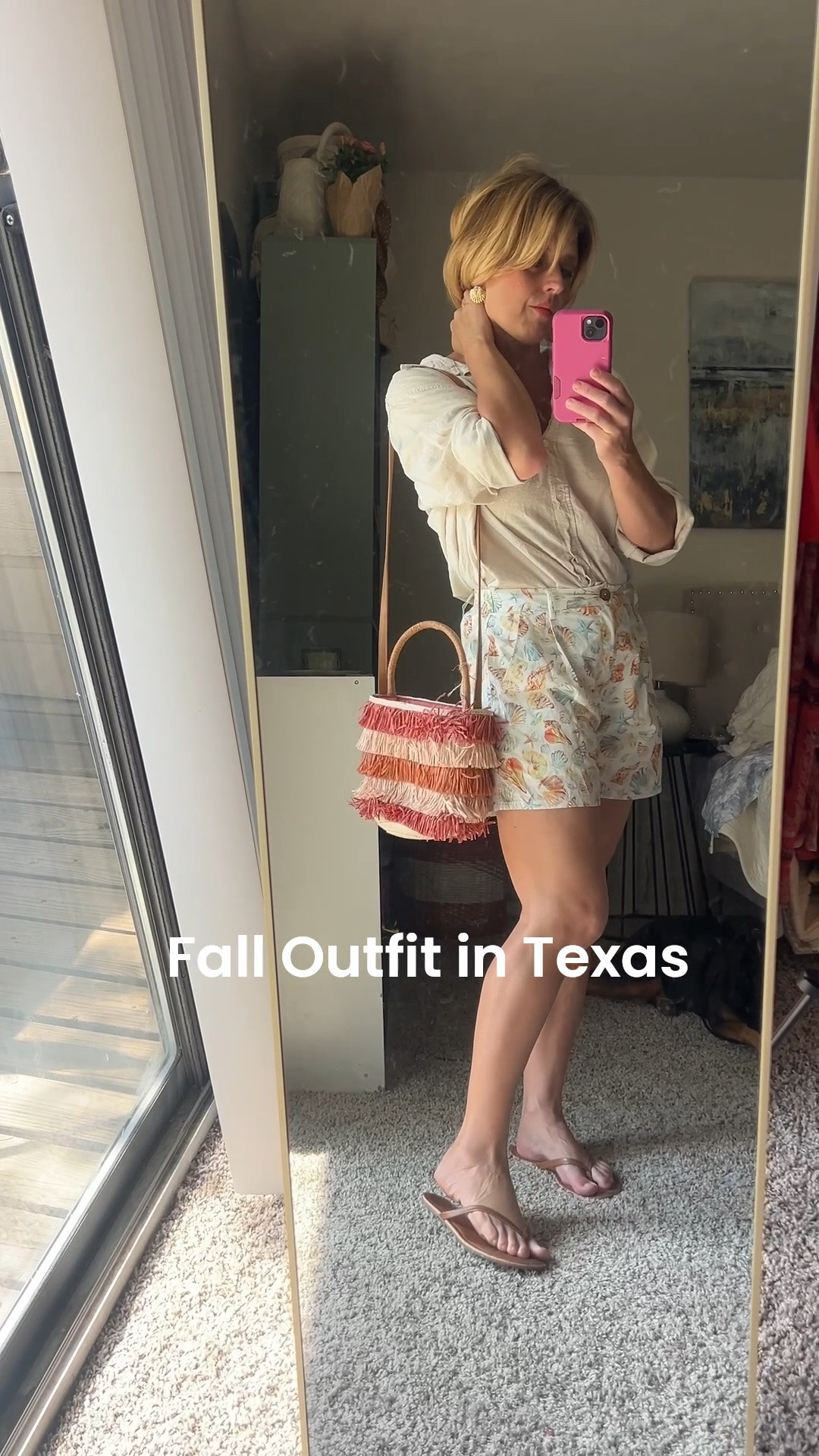 Linen shirt, pleated print shorts, fringe bag and my favorite JCrew leather flip flops with gold Ettika earrings. Take your summer shorts into a transitional Fall outfit using fridge accessories and a button down top!

#LTKdayinmylife #LTKootd #LTKOver40