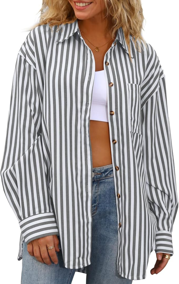 CHYRII Womens Striped Button Down Shirt Casual Long Sleeve Blouse Top | Amazon (US)