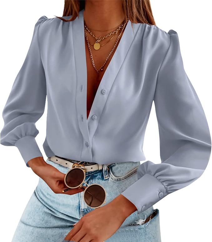 Women's Business Casual Tops Summer Long Sleeve Button Down Shirts V Neck Chiffon Blouses | Amazon (US)