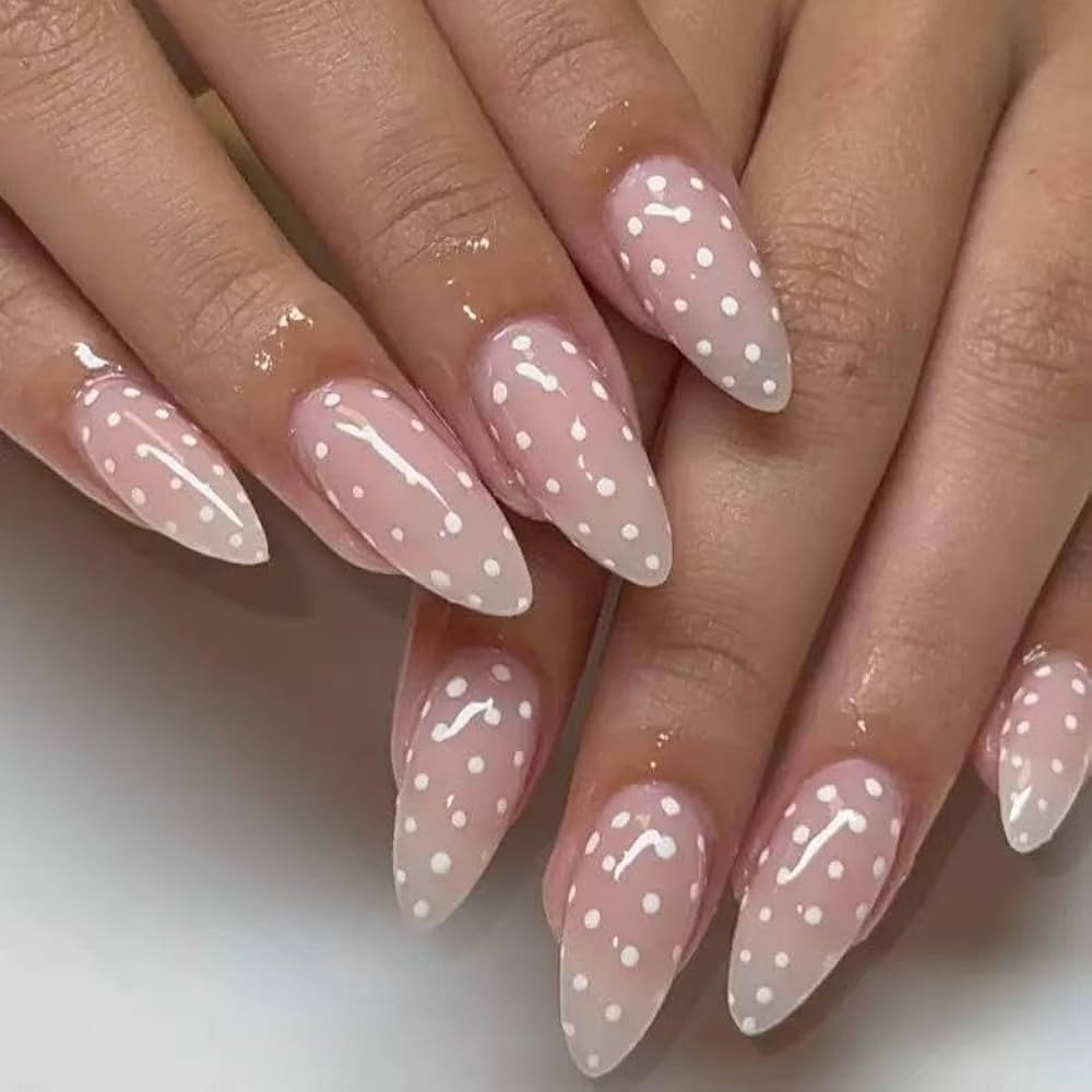 Polka Dot Press on Nails Medium Almond Fake Nails Cute Nude False Nails Glossy Natural Glue on Na... | Amazon (US)