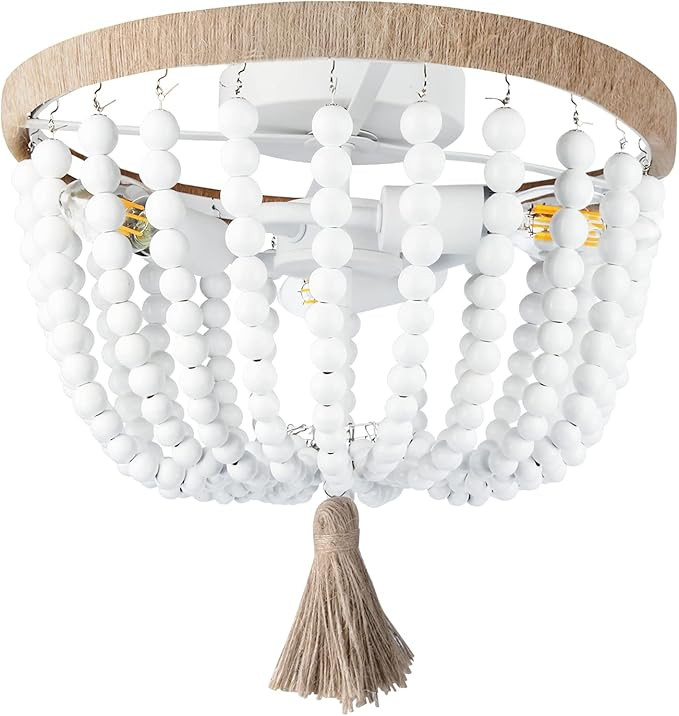 KOYOSO Beaded Chandelier, 3 Lights Bohemia Wood Bead Flush Mount Ceiling Light, White Farmhouse R... | Amazon (US)