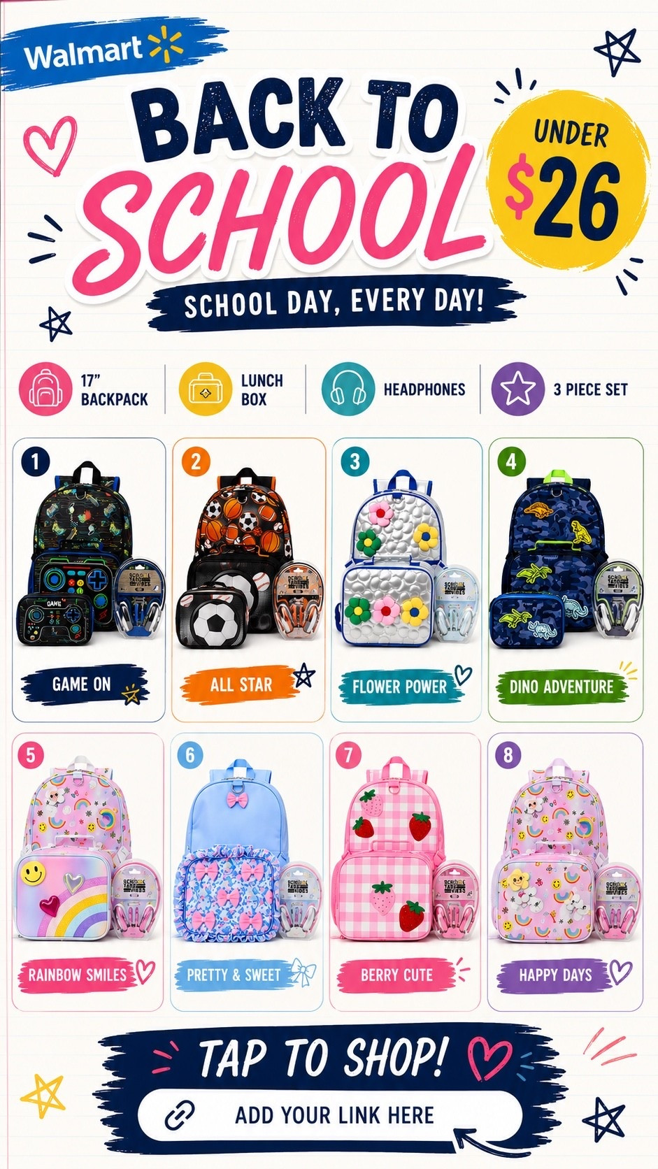 Walmart back to school 
Back packs headphones and lunch box under $26
Great quality and 8 super cute patterns

#LTKKids #LTKmomlife