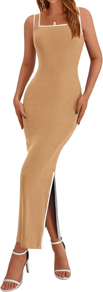 BTFBM Women's 2024 Summer Knit Bodycon Maxi Dress Sleeveless Square Neck Slit Tank Party Club Rib... | Amazon (US)