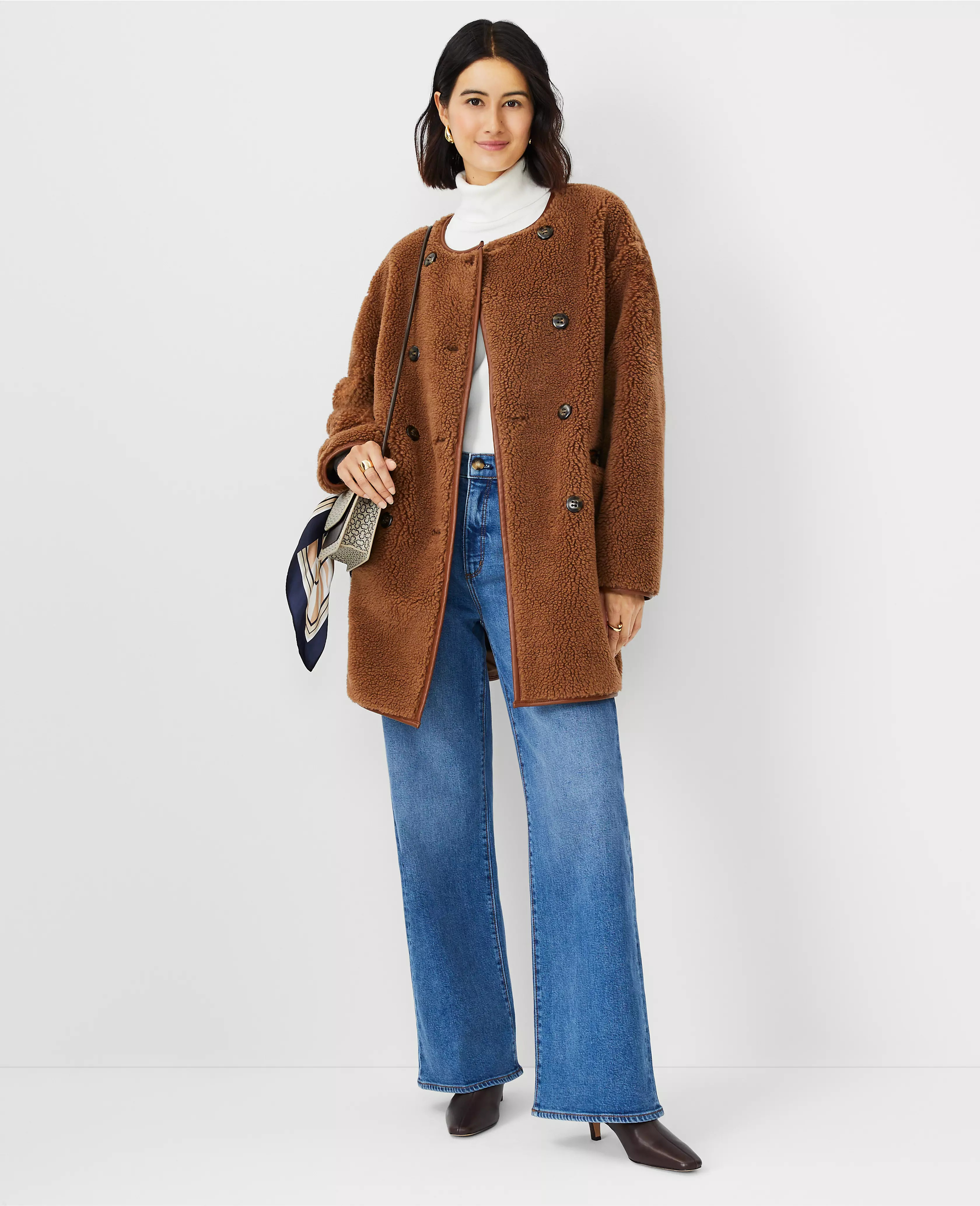 Faux Leather Trim Sherpa Coat | Ann Taylor (US)