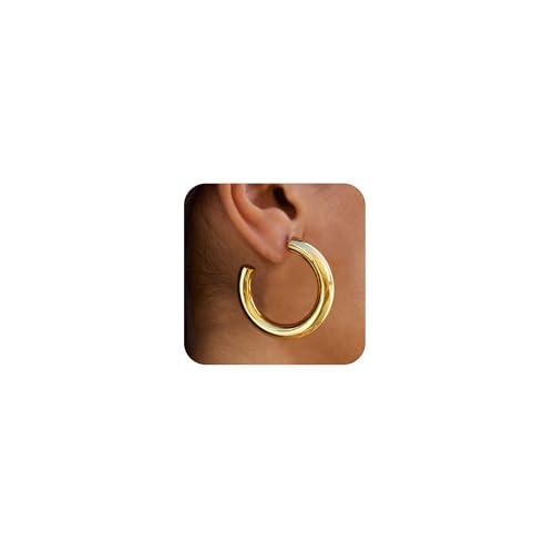 HEVOCY Thick Gold Hoop Earrings for Women: Hypoallergenic 14K Gold Plated Chunky Earrings Trendy Lightweight Medium Open Tube Hoop Earrings Simple Non Tarnish Gold Jewelry 40MM | Amazon (US)