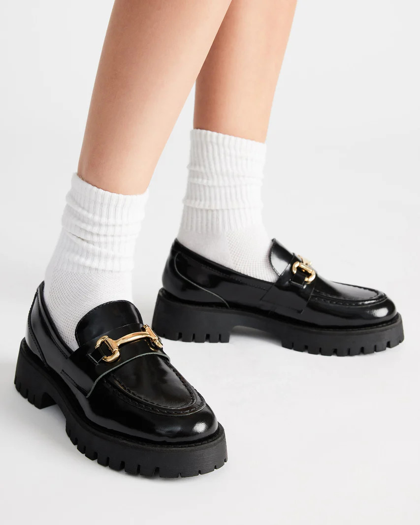 LANDO Black Leather Loafer | Women's Lug Loafer | Steve Madden (US)
