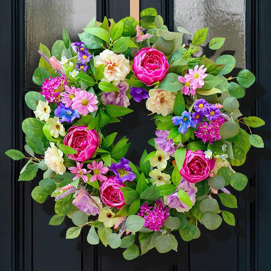 Spring Summer Wreaths for Front Door Outside– 24 Inch Handmade Spring Door Wreath with Peony,Ro... | Amazon (US)