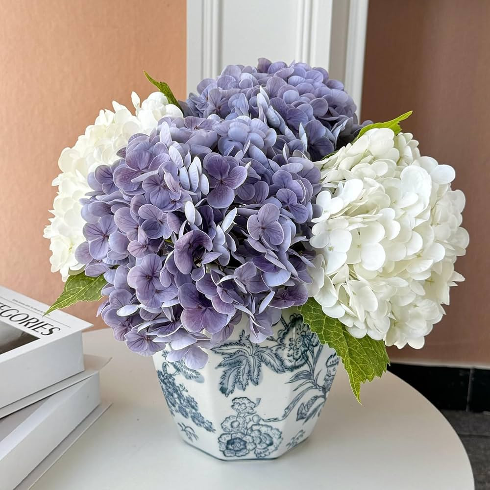 YalzoneMet 4 Pcs Hydrangea Artificial Flower Lifelike 21'' Long Stem Latex Real Touch Hydrangea f... | Amazon (US)