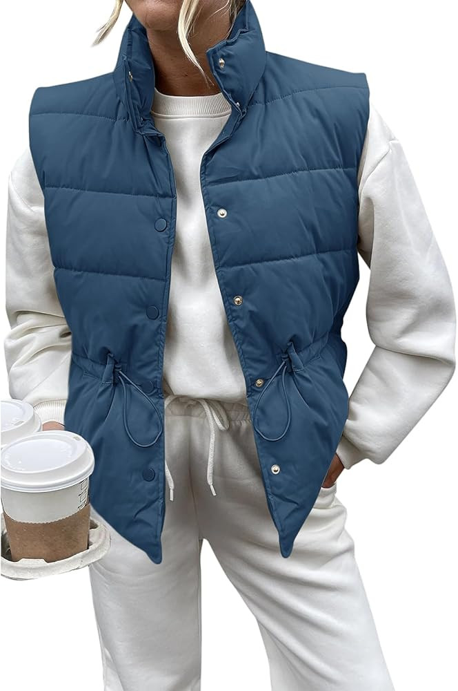 Saodimallsu Womens Puffer Vest Stand Collar Button Down Padded Jacket with Drawstring Waist | Amazon (US)